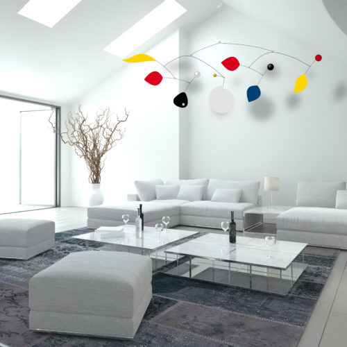 Parade XXL, Mobile Décoratif Géant Personnalisable De Style Calder Couleurs primaires Noir et Blanc Dans Un Loft Epuré | Virvoltan