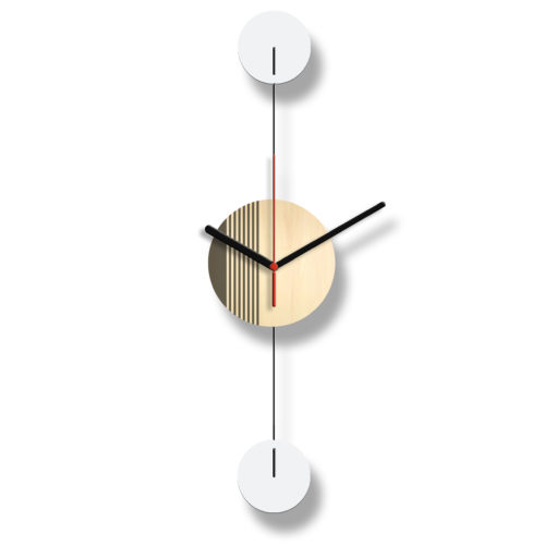 Horloge Murale Personnalisable Duo composée d'un disque de bois gravé et de deux pales d'acier laquées blanches Verticale Verso | Virvoltan