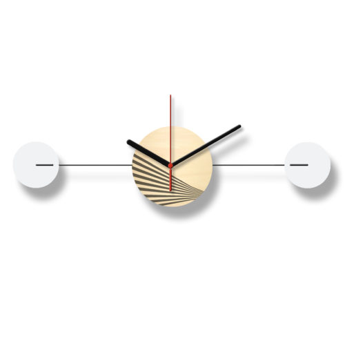 Horloge Murale Personnalisable Duo composée d'un disque de bois gravé et de deux pales d'acier laquées blanches Horizontale Recto | Virvoltan