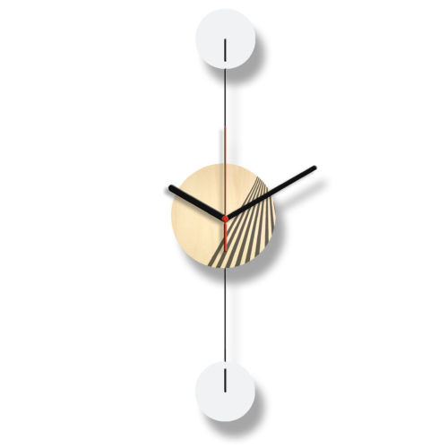 Horloge Murale Personnalisable Duo composée d'un disque de bois gravé et de deux pales d'acier laquées blanches Verticale Recto | Virvoltan